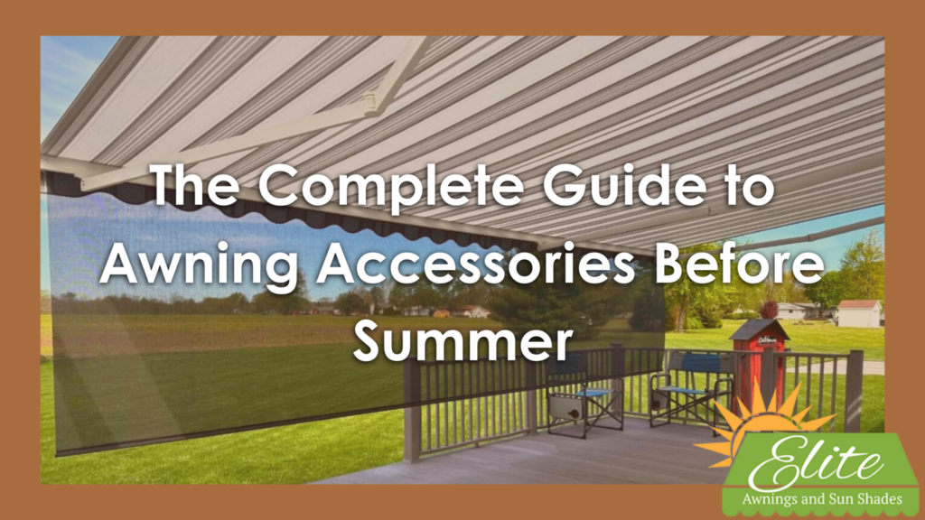 The Complete Guide to Awning Accessories Before Summer. A Sunesta awning hanging over a deck, facing a lush green Ohio backyard