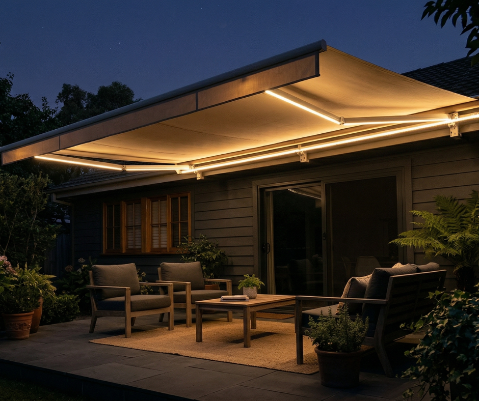 An awning hanging over a patio in Southeast Michigan after sunset, with LED lighting attached to illuminate the patio.